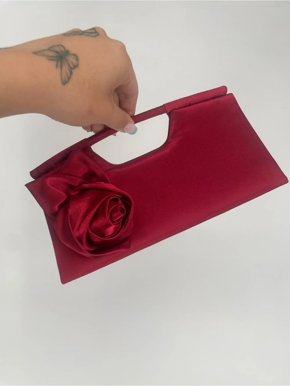 Y2K Red Satin Rosette Small Evening Bag Clutch Snap Close Formal Handbag